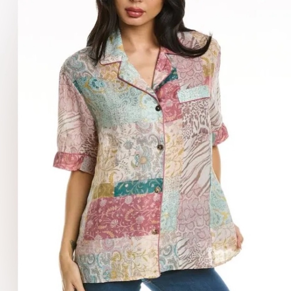 Johnny Was Multi-Color Patchwork Button-Down Shirt